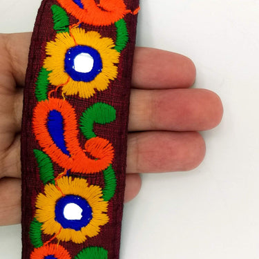 Deep Red Floral Mirrored Trim With Yellow Flowers And Orange Paisley Embroidery, Decorative Trimming, Trim By 3 Yards